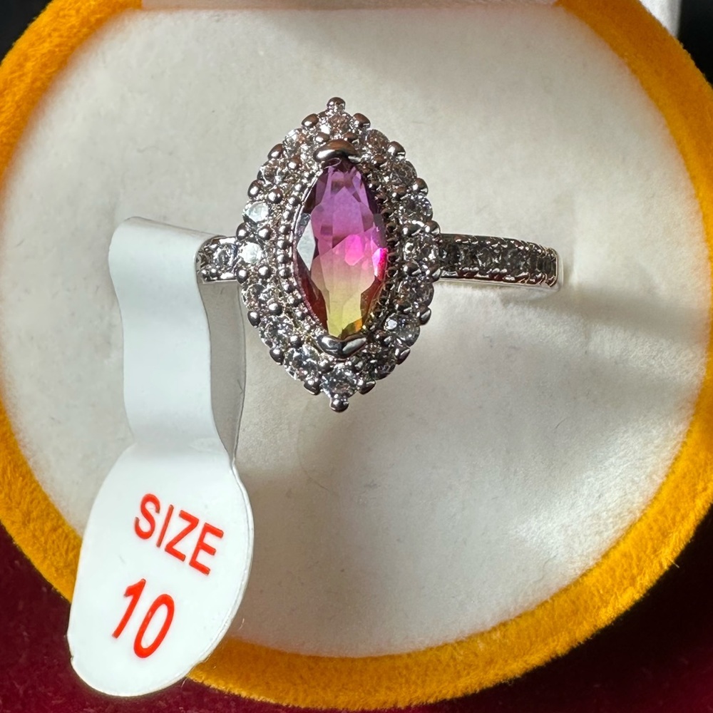 Lab created Purple Yellow Bi-Color Tourmaline on rhodium plating